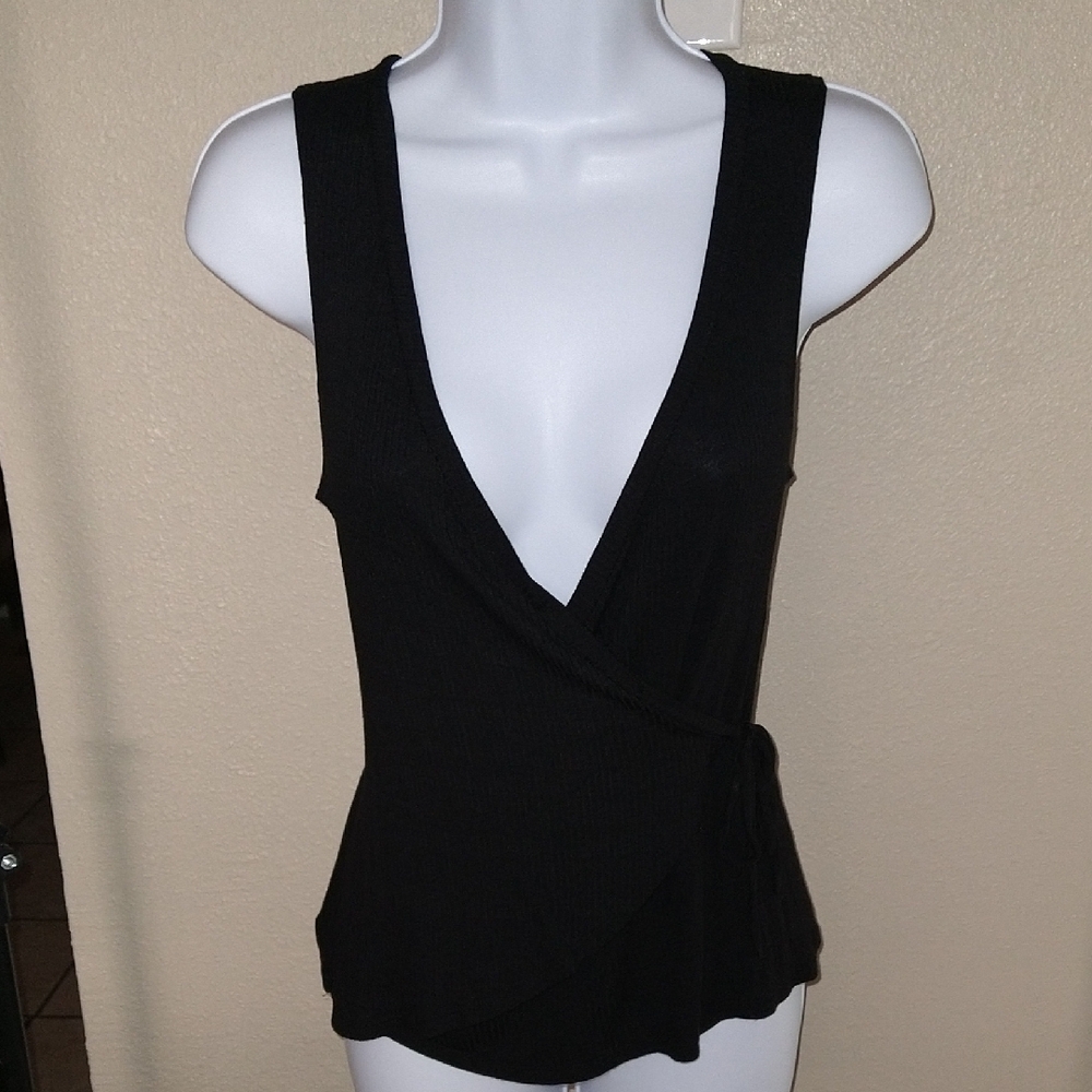 Twinkle by Wenlan Black Ribbed Wrap Tank with Side Tie Detail